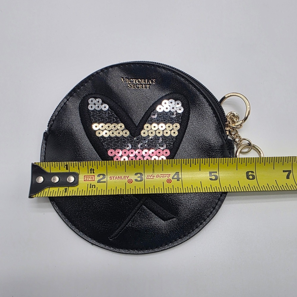 Victoria's Secret Black Sequin Heart Round Coin Purse Keychain Bag Charm - Picture 4 of 5